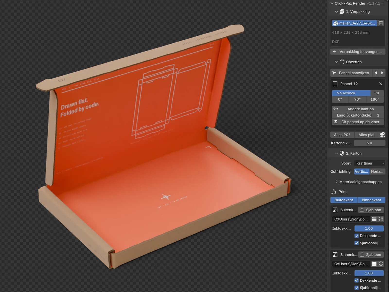 Blender viewport with the mailer open and the Click-Pax Render panel: panel 19, fold angle 90, layer 1, print on outside and inside