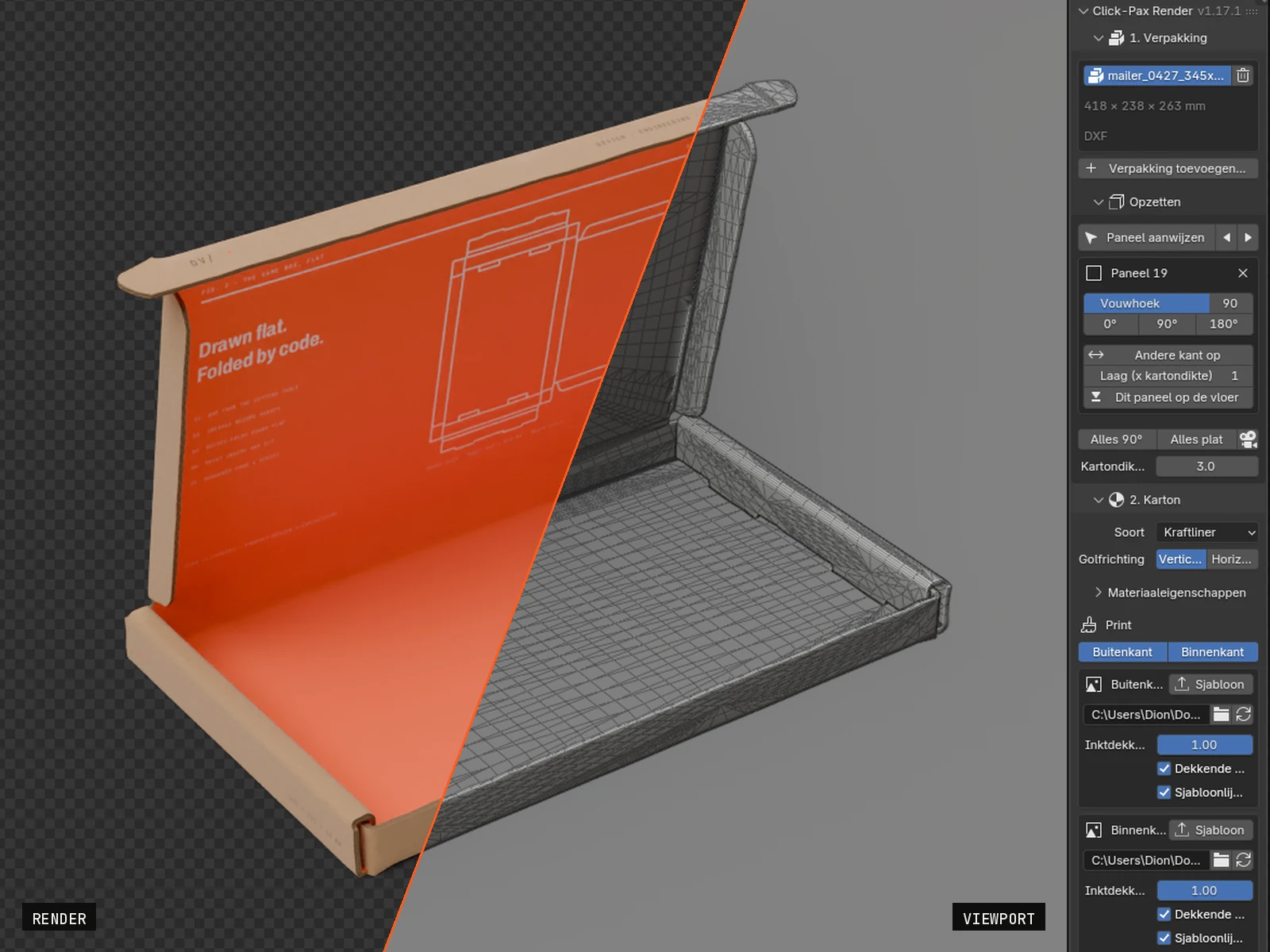 The mailer in Blender with the Click-Pax Render panel: on the left the final render, on the right the folded model in the viewport