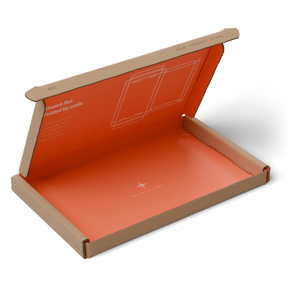 Open mailer, orange inside print with the dieline drawn in white