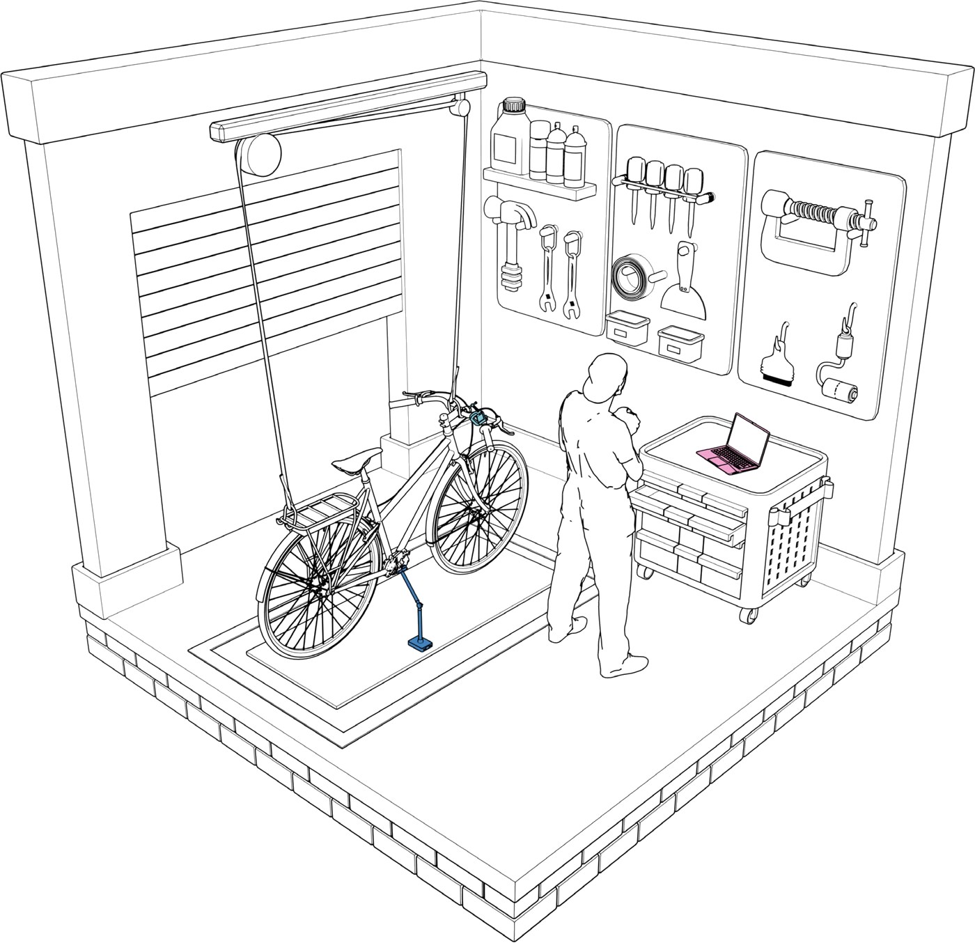 Illustration of a bike mechanic using the diagnostic tool in a workshop
